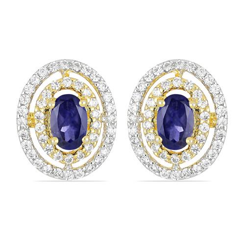 14K GOLD HALO EARRINGS WITH IOLITE AND WHITE DIAMOND